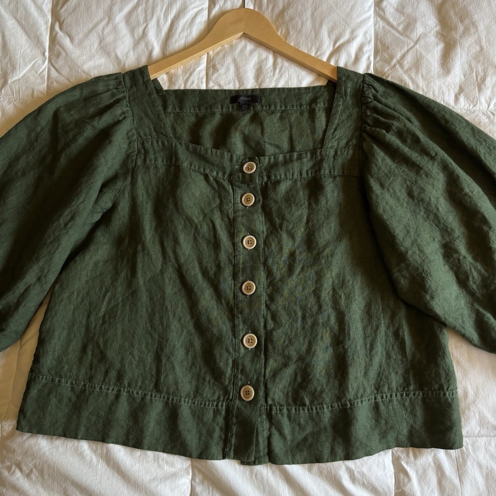 J Crew Square Neck Button Front Balloon Sleeve Linen Top Womens XXL Dark Green - Picture 3 of 14